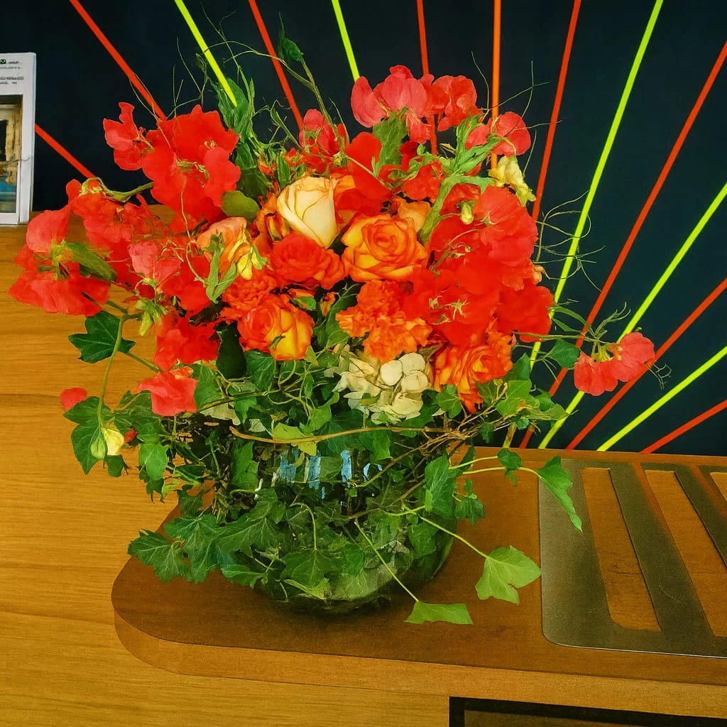 Composition florale orange dans un bureau professionnel